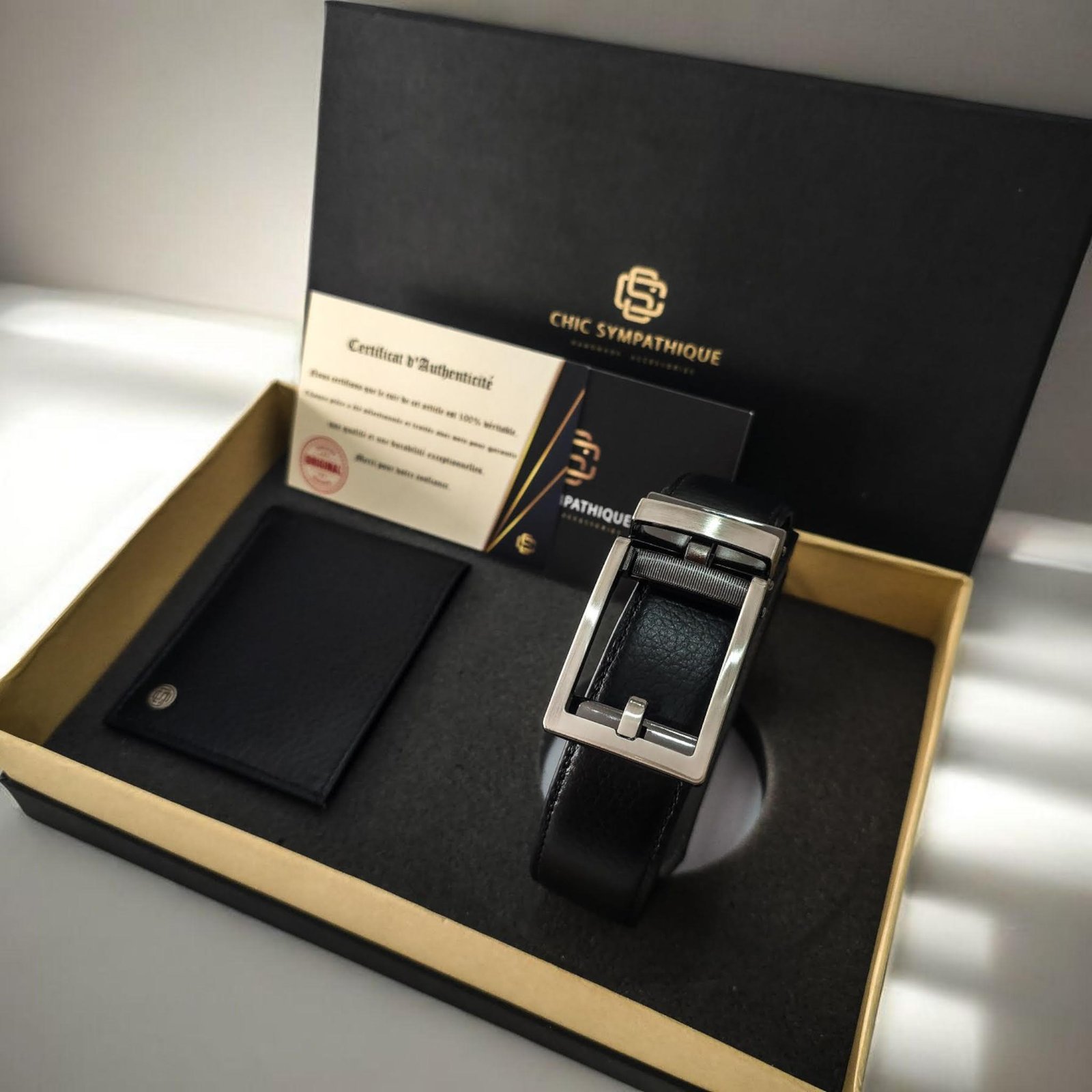 Coffret Duo Majesté ceinture automatique portefeuille cuir premium - Set maroquinerie homme élégant et innovant - Boucle automatique intelligente - Accessoires haut de gamme