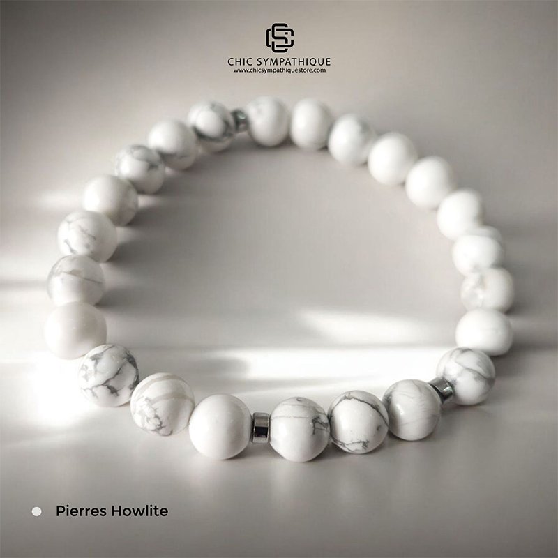 Bracelet en perles d'Howlite naturelle 8mm - Pierre blanche veinée de gris apaisante - Bijou de sérénité et de sagesse