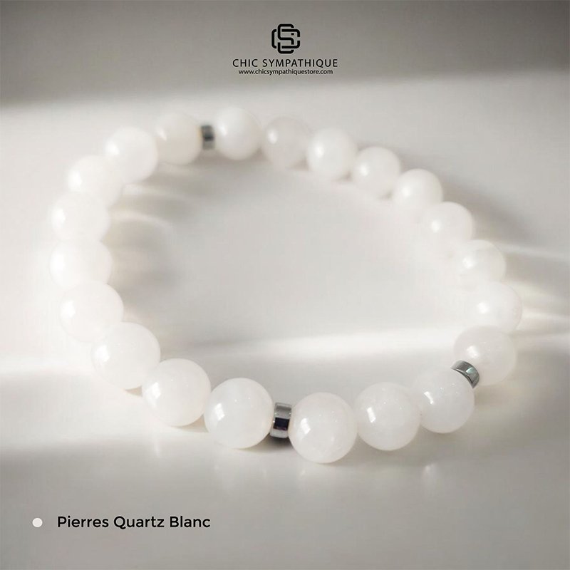 Bracelet en perles de Quartz Blanc naturel 8mm - Pierre transparente et pure aux reflets clairs - Bijou de purification et d'amplification énergétique