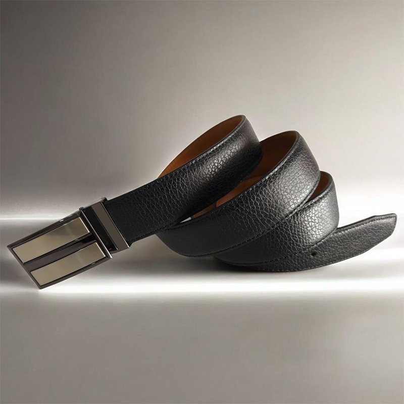 Ceinture homme en cuir italien grainé noir avec boucle métallique réversible argentée et noir - Accessoire élégant et polyvalent pour costume ou décontracté