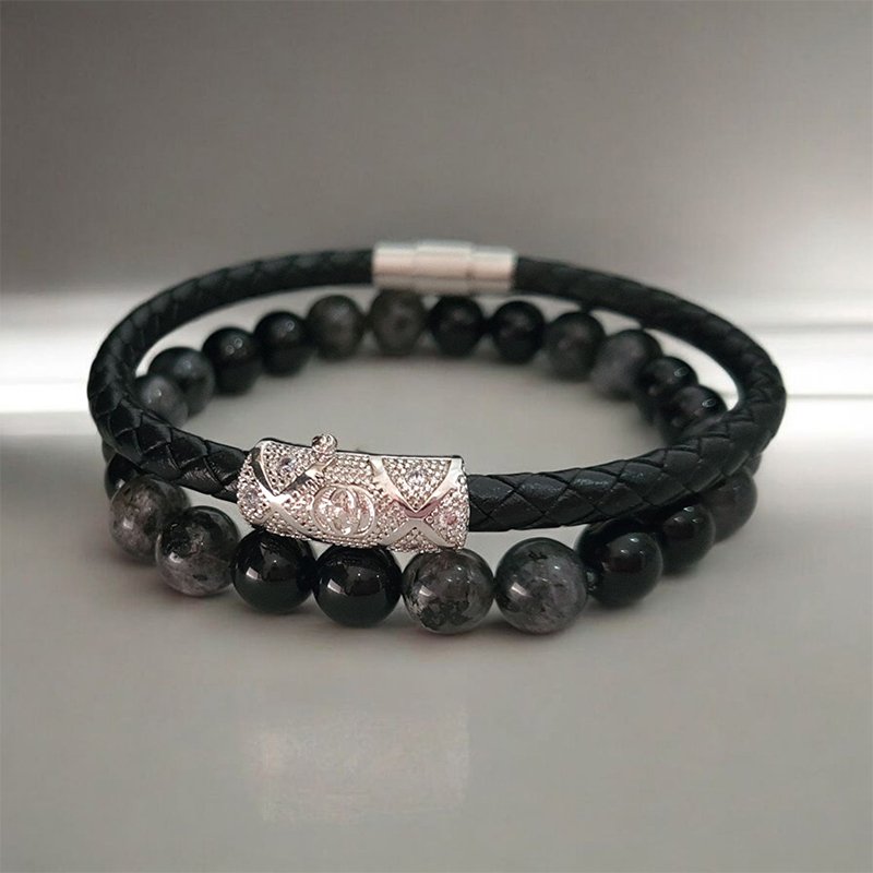 Duo de bracelets homme cuir tressé motif argenté et pierres œil de faucon gris onyx noire - Set d'accessoires masculin élégant et mystique