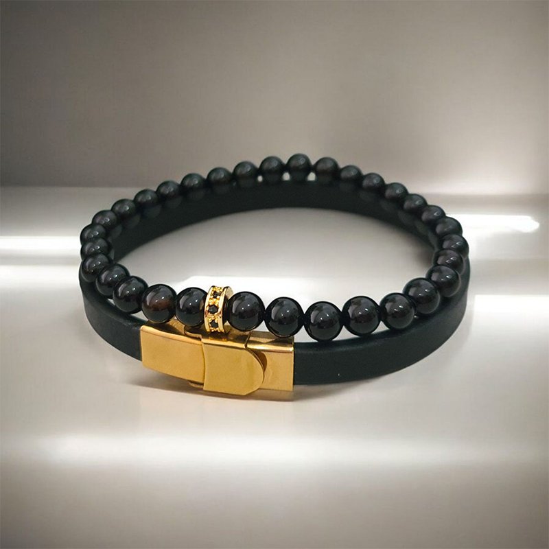 Duo de bracelets homme en cuir noir fermoir doré et pierre d'onyx avec motif acier - Set élégant et masculin - Accessoire de style moderne