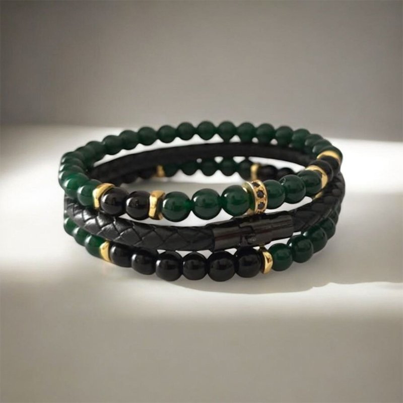 Pack de 3 bracelets homme en malachite verte onyx noire et cuir tressé - Motif doré acier inoxydable - Set d'accessoires masculins élégants et puissants