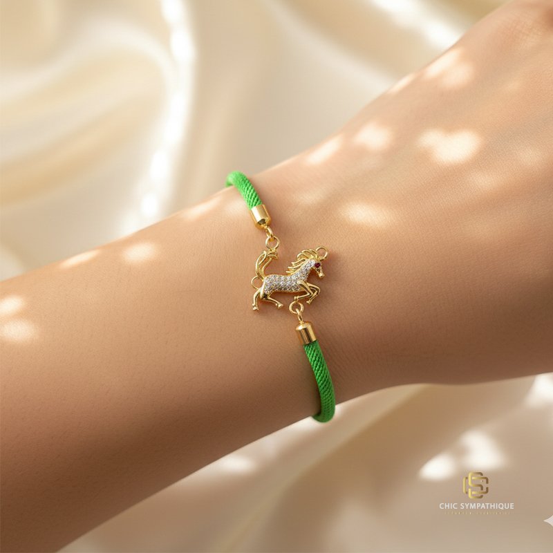 Poignet d'une femme portant un bracelet en cordon tressé vert vif. Le pendentif est un cheval cabré doré, dont le corps est partiellement pavé de cristaux blancs scintillants.
