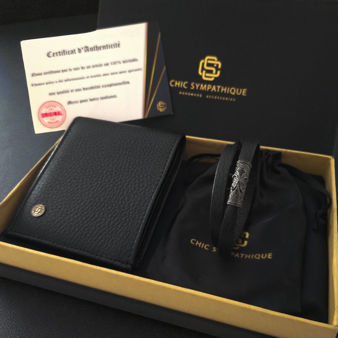 Coffret cadeau homme Chic Sympathique avec portefeuille en cuir noir et bracelet en cuir double tour dans un packaging premium.