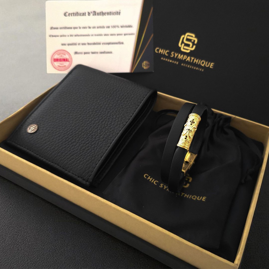 Coffret cadeau homme noir avec portefeuille en cuir véritable et bracelet double tour noir avec fermoir doré, présenté dans un coffret Chic Sympathique.